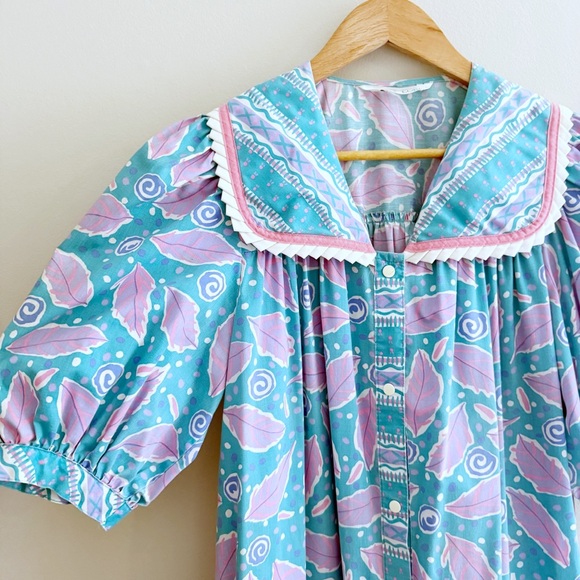 Vintage Pastel Blue & Purple Leaf Print Midi Dress - Picture 3 of 7